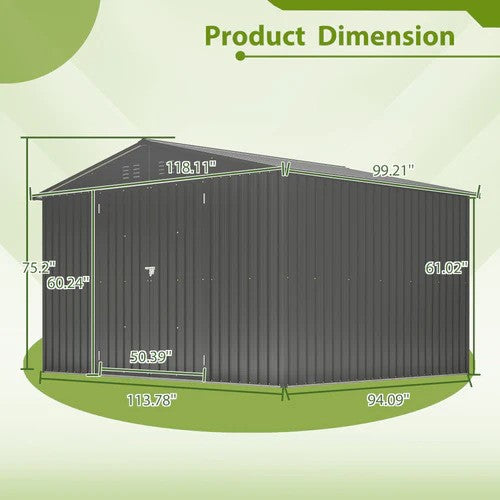 10X8 FT Outdoor Storage Shed, All Weather Metal Sheds With Lockable Doors, Tool Shed For Garden, Patio, Backyard, Lawn, Black