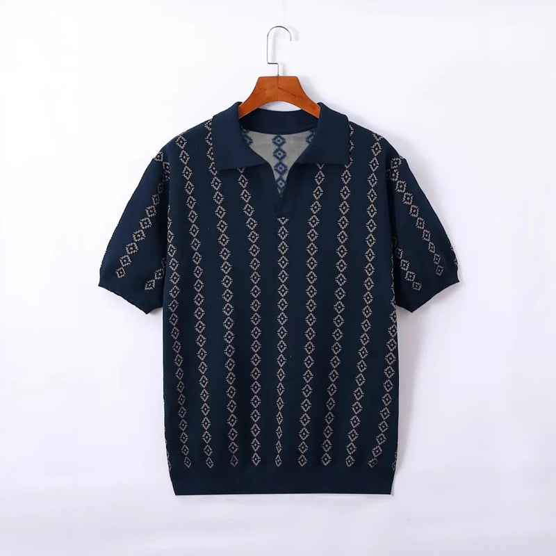 Men's Knitted Striped Polo Shirt Lapel Half Sleeve Jacquard T-shirt